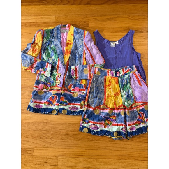Platinum By Dorothy Schoelen Dresses & Skirts - Vintage Platinum Dorothy Schoelen 3pc Blazer Shorts Set Silk Tank Multi Color P